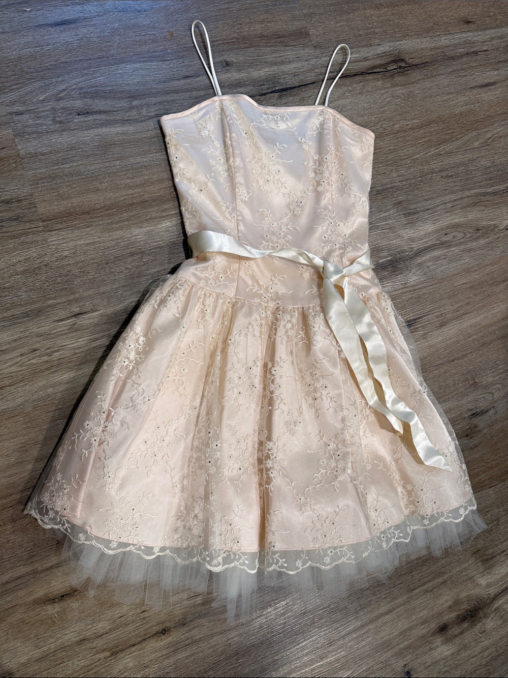 Vintage Jessica McClintock Ivory Lace A-Line Mini Dress with Satin Sash